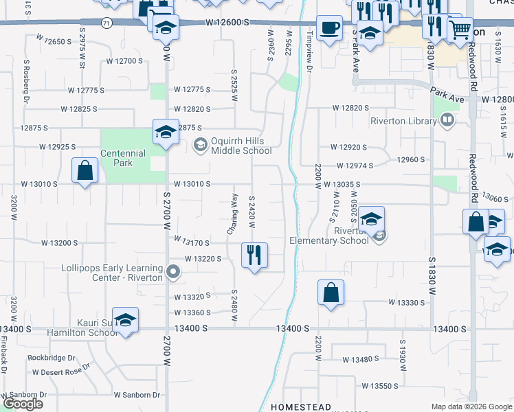 map of restaurants, bars, coffee shops, grocery stores, and more near 13078 South 2420 West in Riverton