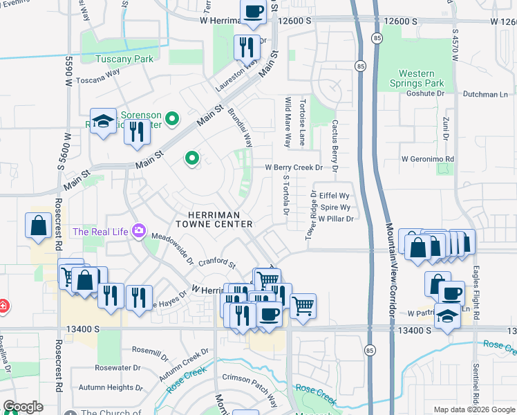 map of restaurants, bars, coffee shops, grocery stores, and more near 13142 Bilston Lane in Herriman