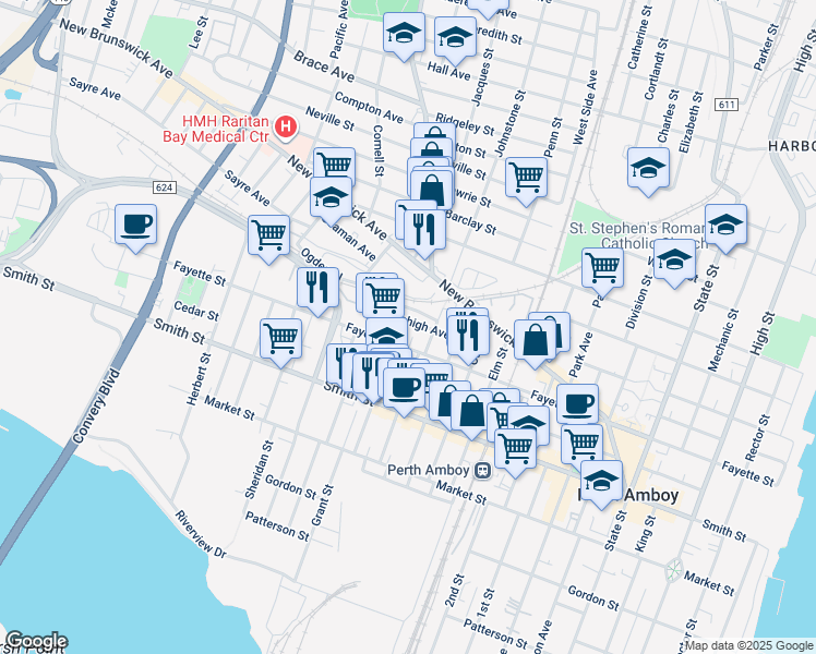 map of restaurants, bars, coffee shops, grocery stores, and more near 362 Stockton Street in Perth Amboy