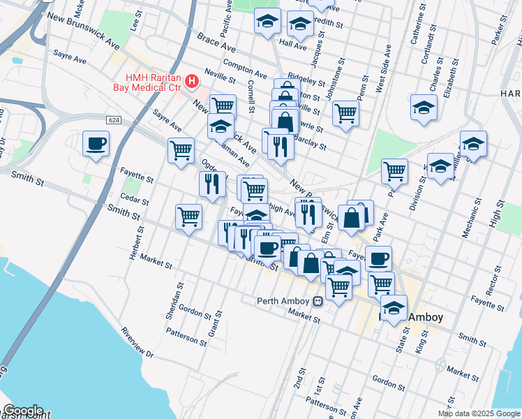 map of restaurants, bars, coffee shops, grocery stores, and more near 362 Stockton Street in Perth Amboy