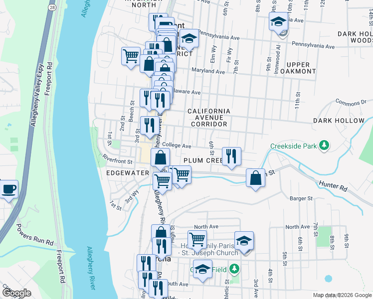 map of restaurants, bars, coffee shops, grocery stores, and more near 414 College Avenue in Oakmont