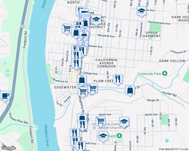 map of restaurants, bars, coffee shops, grocery stores, and more near 414 College Avenue in Oakmont
