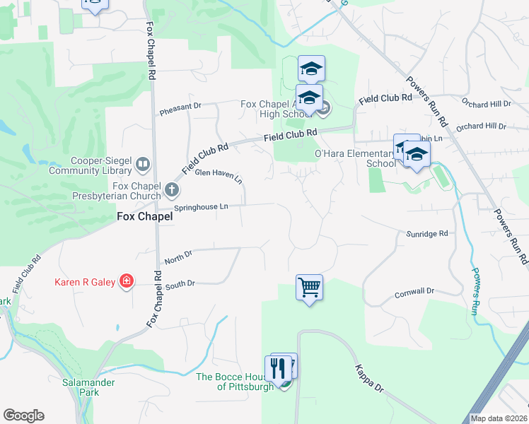 map of restaurants, bars, coffee shops, grocery stores, and more near 227 Springhouse Lane in Pittsburgh