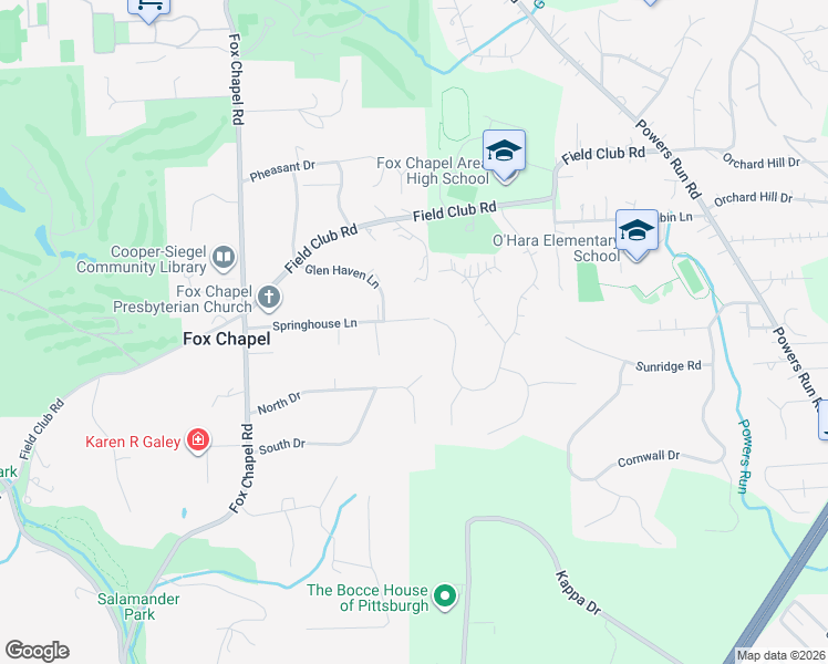 map of restaurants, bars, coffee shops, grocery stores, and more near 227 Springhouse Lane in Pittsburgh