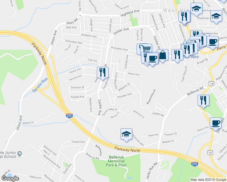 map of restaurants, bars, coffee shops, grocery stores, and more near 201 William Street in Pittsburgh