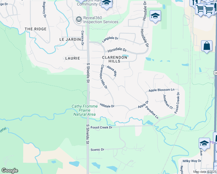 map of restaurants, bars, coffee shops, grocery stores, and more near 5236 Clarendon Hills Drive in Fort Collins