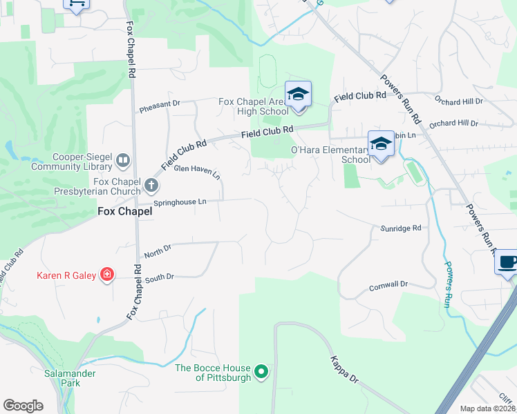 map of restaurants, bars, coffee shops, grocery stores, and more near 227 Springhouse Lane in Pittsburgh