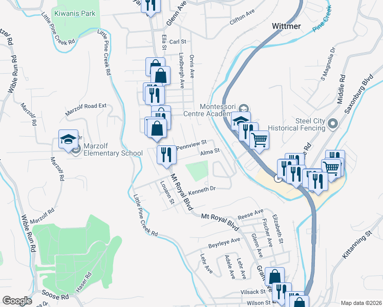 map of restaurants, bars, coffee shops, grocery stores, and more near 197 Alma Street in Pittsburgh
