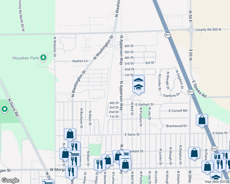 map of restaurants, bars, coffee shops, grocery stores, and more near Industrial Heritage Trail in Kokomo