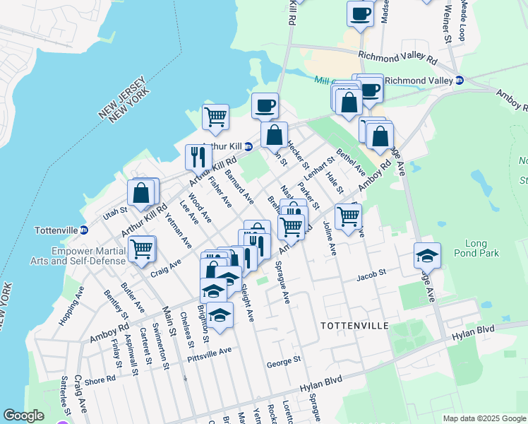 map of restaurants, bars, coffee shops, grocery stores, and more near 211 Barnard Avenue in Staten Island