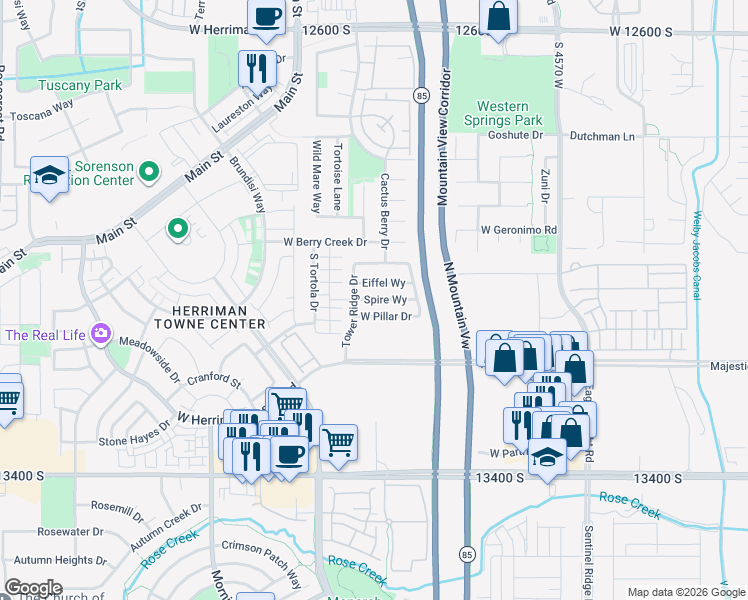 map of restaurants, bars, coffee shops, grocery stores, and more near Spire Way in Herriman