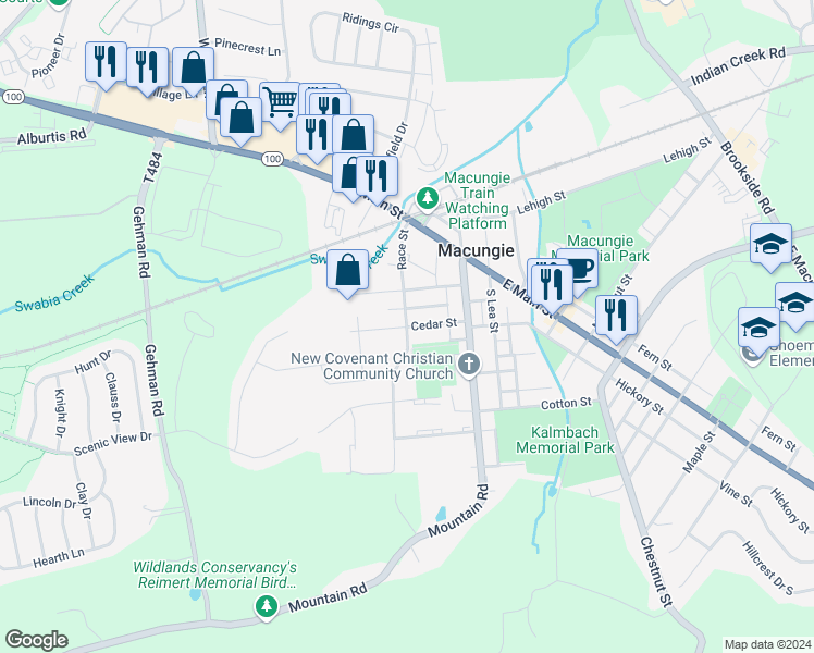 map of restaurants, bars, coffee shops, grocery stores, and more near 99 Cedar Street in Macungie