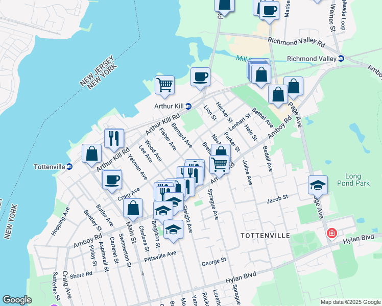 map of restaurants, bars, coffee shops, grocery stores, and more near 211 Barnard Avenue in Staten Island