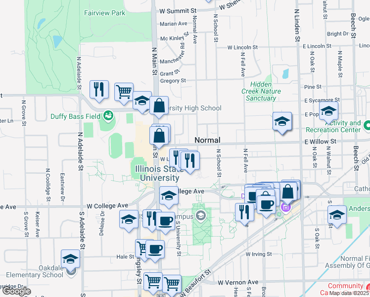 map of restaurants, bars, coffee shops, grocery stores, and more near 407 West Willow Street in Normal