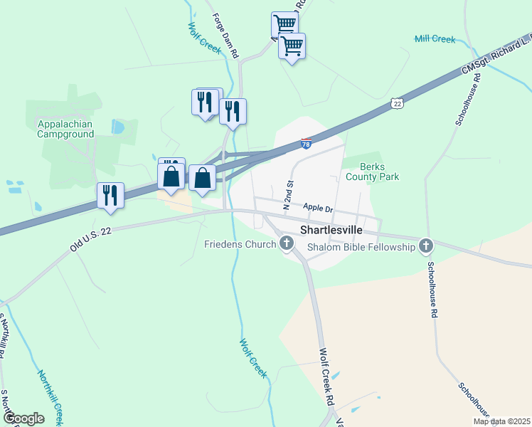 map of restaurants, bars, coffee shops, grocery stores, and more near 5727 Old U.S. 22 in Shartlesville