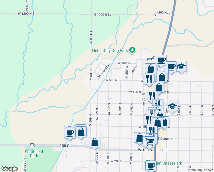 map of restaurants, bars, coffee shops, grocery stores, and more near 390 West 400 North in Heber City