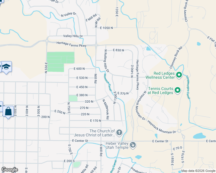 map of restaurants, bars, coffee shops, grocery stores, and more near 372 North Waterside Court in Heber City