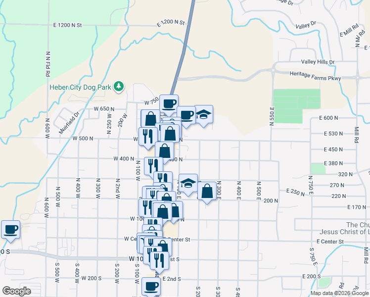 map of restaurants, bars, coffee shops, grocery stores, and more near 470 North 100 East in Heber City
