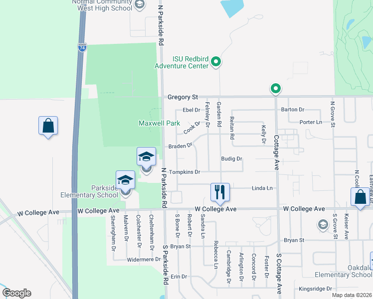 map of restaurants, bars, coffee shops, grocery stores, and more near 1717 Braden Drive in Normal