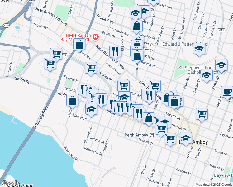 map of restaurants, bars, coffee shops, grocery stores, and more near 384 Fayette Street in Perth Amboy