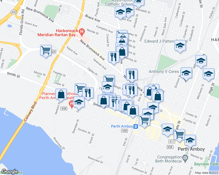 map of restaurants, bars, coffee shops, grocery stores, and more near 362 Stockton Street in Perth Amboy