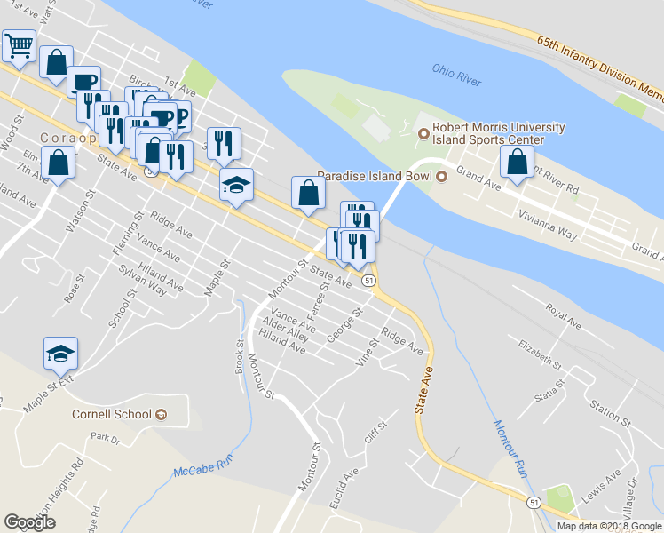 map of restaurants, bars, coffee shops, grocery stores, and more near 1522 5th Avenue in Coraopolis