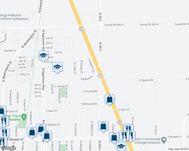 map of restaurants, bars, coffee shops, grocery stores, and more near 1100 Danbury Drive in Kokomo