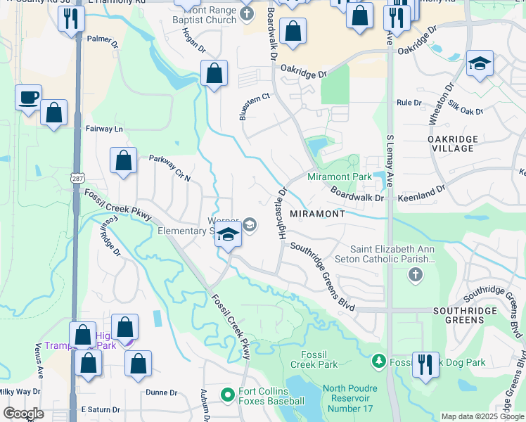 map of restaurants, bars, coffee shops, grocery stores, and more near 5225 Castle Ridge Place in Fort Collins