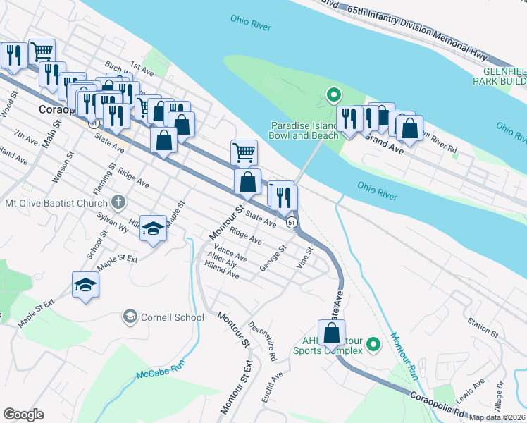 map of restaurants, bars, coffee shops, grocery stores, and more near 1522 5th Avenue in Coraopolis
