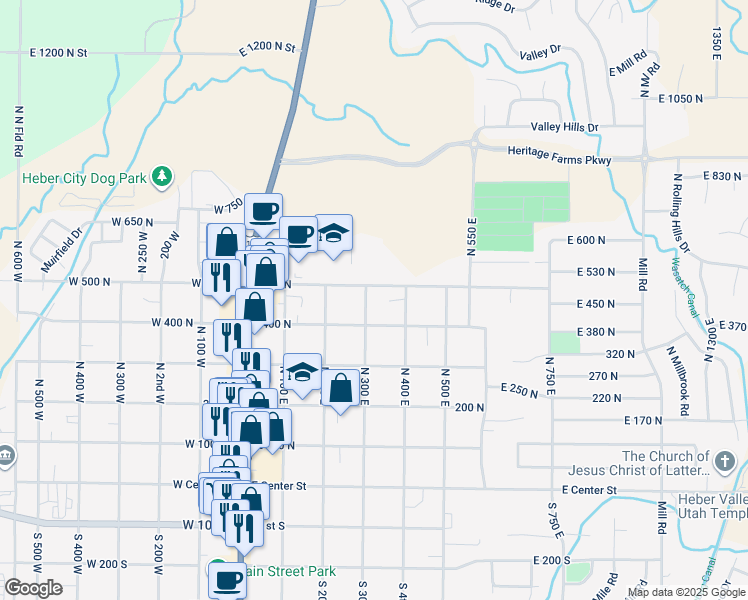 map of restaurants, bars, coffee shops, grocery stores, and more near 464 North 300 East in Heber City