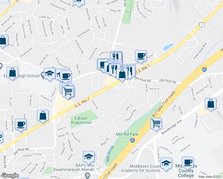 map of restaurants, bars, coffee shops, grocery stores, and more near 848 Route 1 in Edison