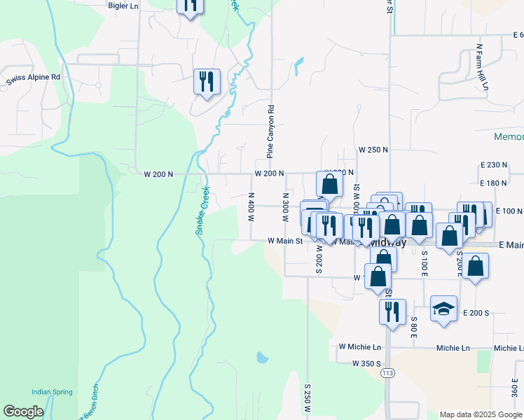map of restaurants, bars, coffee shops, grocery stores, and more near 383 West 100 North in Midway
