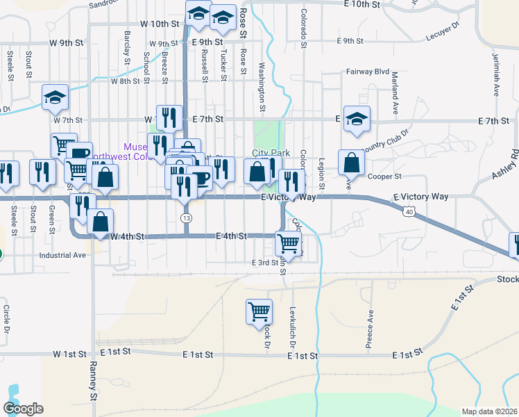 map of restaurants, bars, coffee shops, grocery stores, and more near 440 Washington Street in Craig