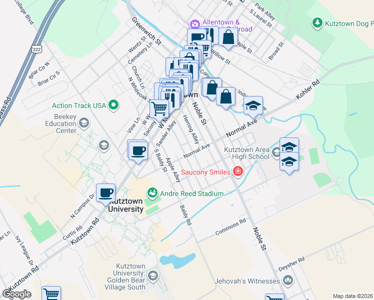 map of restaurants, bars, coffee shops, grocery stores, and more near in Kutztown