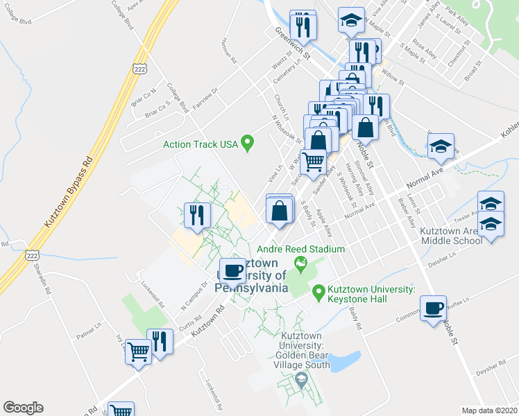 map of restaurants, bars, coffee shops, grocery stores, and more near 101 College Boulevard in Kutztown