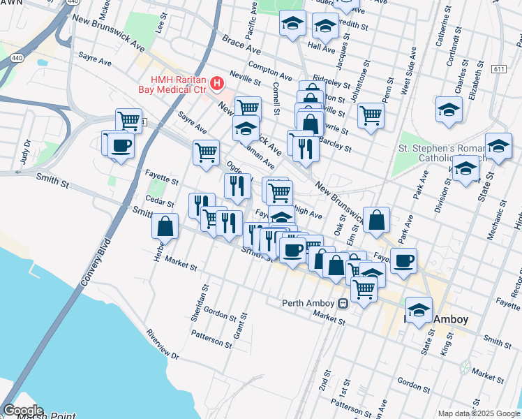 map of restaurants, bars, coffee shops, grocery stores, and more near 388 Fayette Street in Perth Amboy
