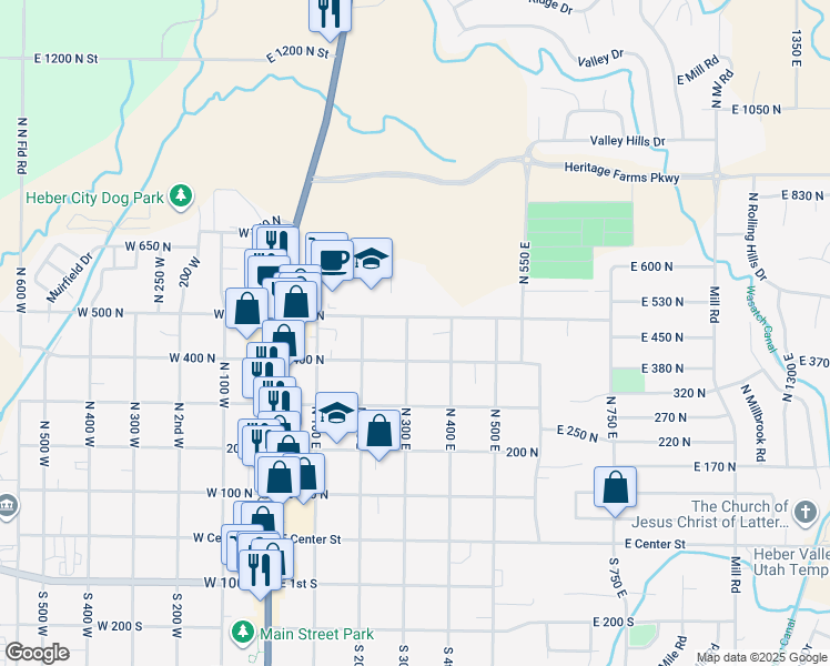 map of restaurants, bars, coffee shops, grocery stores, and more near 464 North 300 East in Heber City