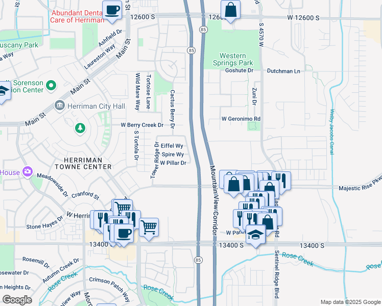 map of restaurants, bars, coffee shops, grocery stores, and more near 4847 Spire Way in Riverton