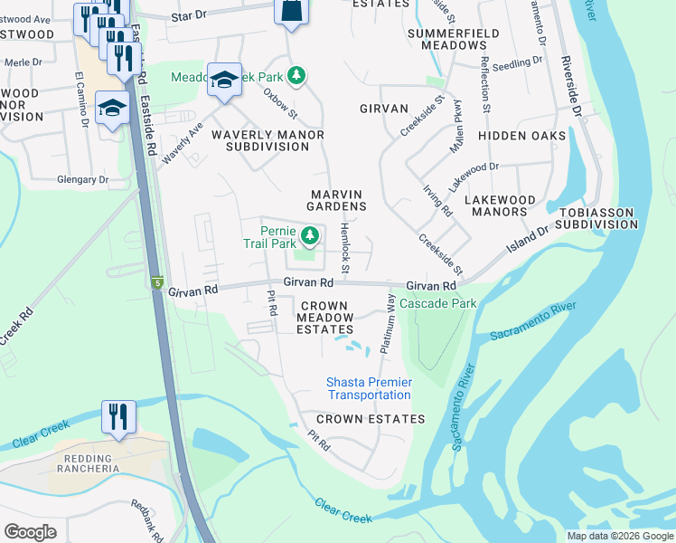 map of restaurants, bars, coffee shops, grocery stores, and more near 7093 Hemlock Street in Redding