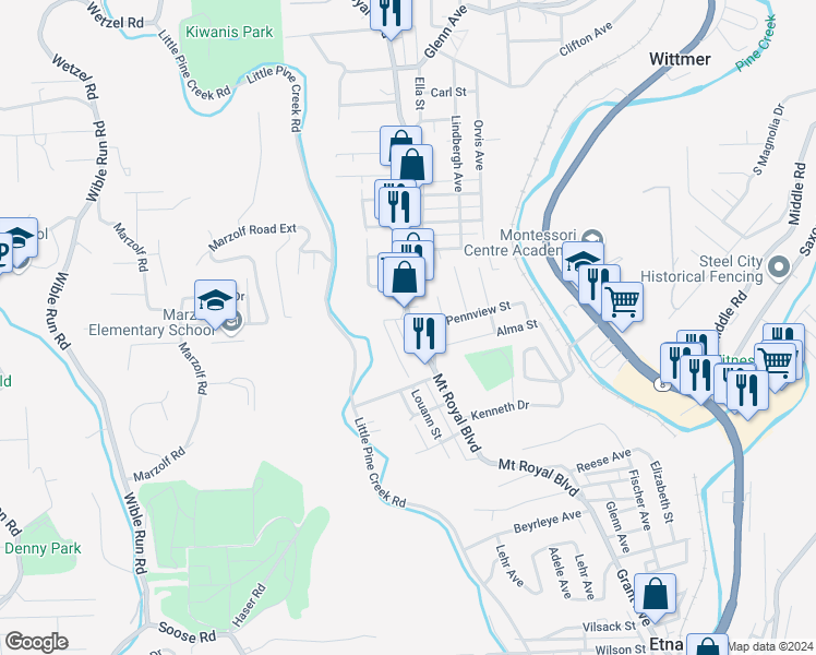 map of restaurants, bars, coffee shops, grocery stores, and more near 627 Mount Royal Boulevard in Pittsburgh
