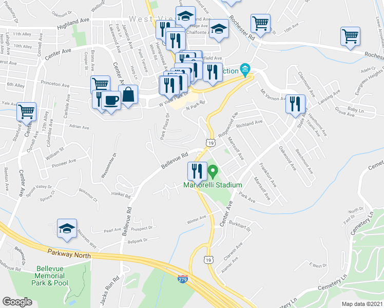 map of restaurants, bars, coffee shops, grocery stores, and more near 5425 U.S. 19 in Pittsburgh
