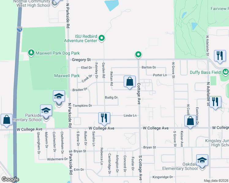 map of restaurants, bars, coffee shops, grocery stores, and more near 1619 Ensign Drive in Normal