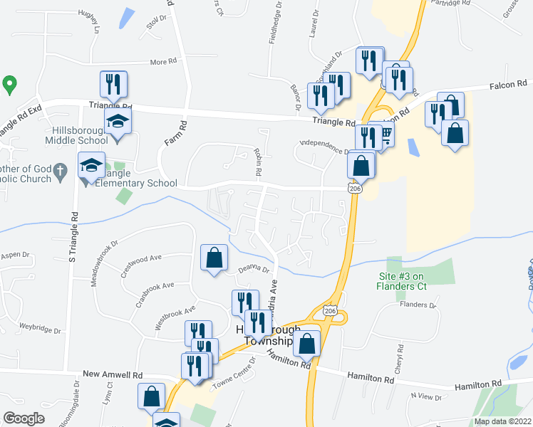 map of restaurants, bars, coffee shops, grocery stores, and more near 2905 Kent Place in Hillsborough Township