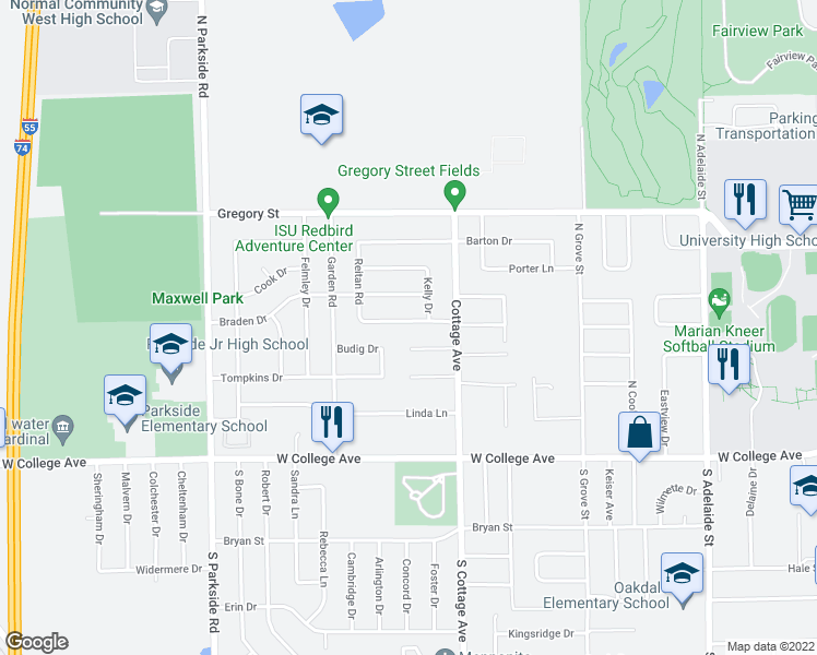 map of restaurants, bars, coffee shops, grocery stores, and more near 1611 Ensign Drive in Normal