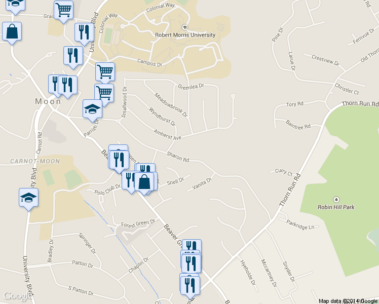 map of restaurants, bars, coffee shops, grocery stores, and more near 447 Sharon Road in Moon