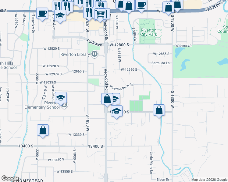 map of restaurants, bars, coffee shops, grocery stores, and more near 1649 West 13040 South in Riverton
