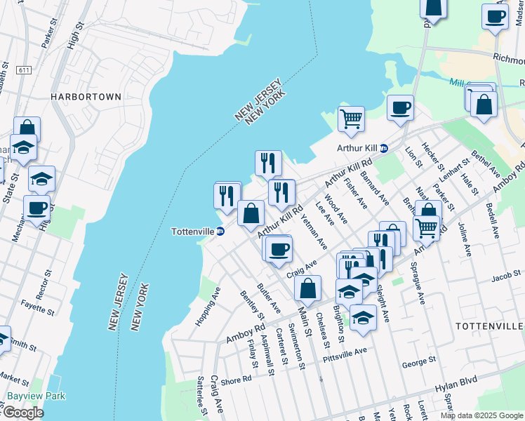 map of restaurants, bars, coffee shops, grocery stores, and more near 36 Utah Street in Staten Island