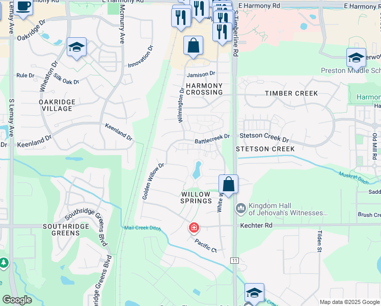 map of restaurants, bars, coffee shops, grocery stores, and more near 5225 White Willow Drive in Fort Collins