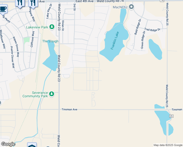 map of restaurants, bars, coffee shops, grocery stores, and more near 601 Harvest Moon Drive in Severance