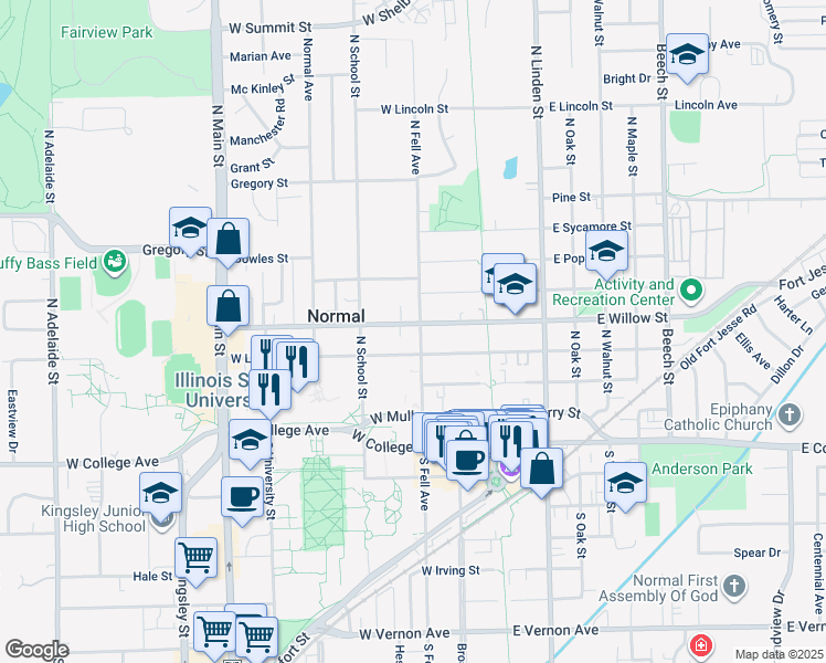 map of restaurants, bars, coffee shops, grocery stores, and more near 407 North Fell Avenue in Normal